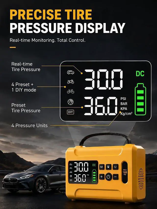 Alt view image 4 of 7 - Tire Inflator Portable Air Compressor 160 PSI Air Pump for Car Tires 8000 mAh & 12V DC Powered Fast 30L/min, Digital Tire Pressure Gauge, LED Lights, 5 Modes Auto Shut-off (Yellow, 8000 mAh)