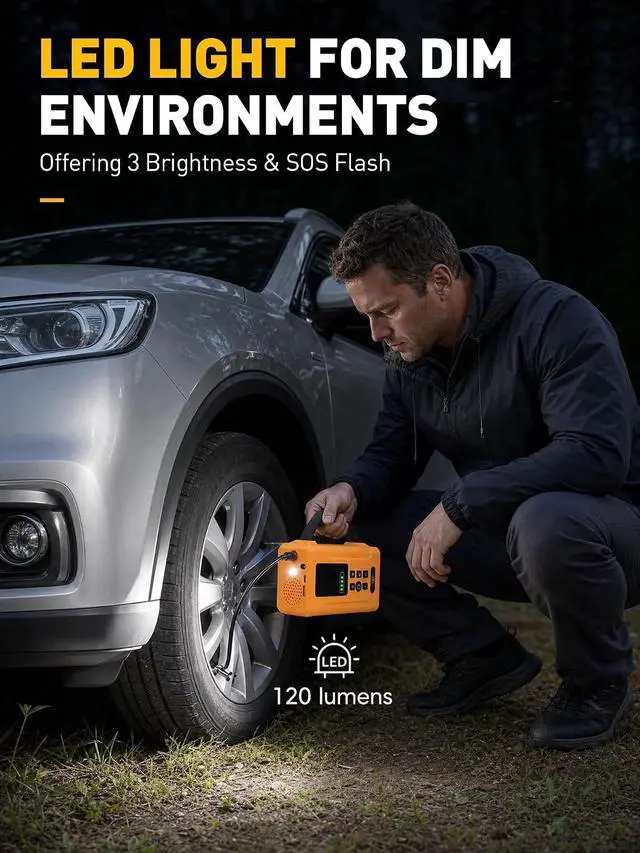 Alt view image 6 of 7 - Tire Inflator Portable Air Compressor 160 PSI Air Pump for Car Tires 8000 mAh & 12V DC Powered Fast 30L/min, Digital Tire Pressure Gauge, LED Lights, 5 Modes Auto Shut-off (Yellow, 8000 mAh)