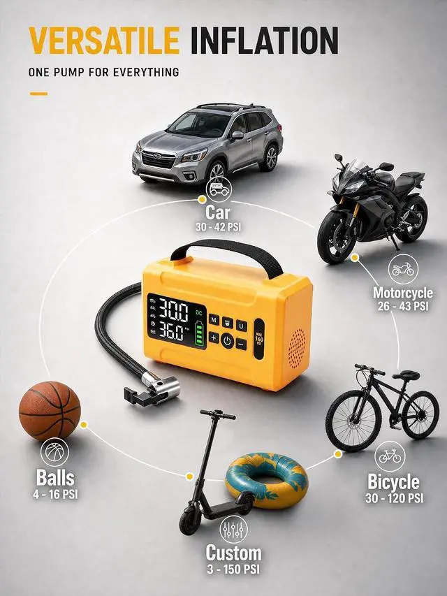 Alt view image 7 of 7 - Tire Inflator Portable Air Compressor 160 PSI Air Pump for Car Tires 8000 mAh & 12V DC Powered Fast 30L/min, Digital Tire Pressure Gauge, LED Lights, 5 Modes Auto Shut-off (Yellow, 8000 mAh)