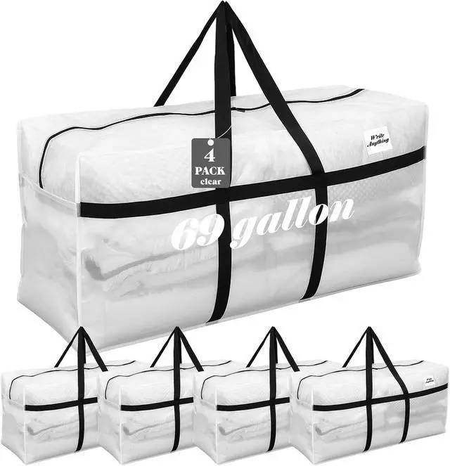Alt view image 2 of 7 - 4 Pack 69 Gallon Extra Large Moving Bags XXL Heavy Duty Storage Bag | with Strong Zipper Handle Jumbo Big Tote Box Foldable for College Dorm Travel Clothes Duffle Blanket Pillow(Transparent)