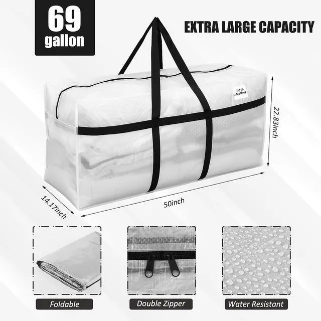 Alt view image 3 of 7 - 4 Pack 69 Gallon Extra Large Moving Bags XXL Heavy Duty Storage Bag | with Strong Zipper Handle Jumbo Big Tote Box Foldable for College Dorm Travel Clothes Duffle Blanket Pillow(Transparent)