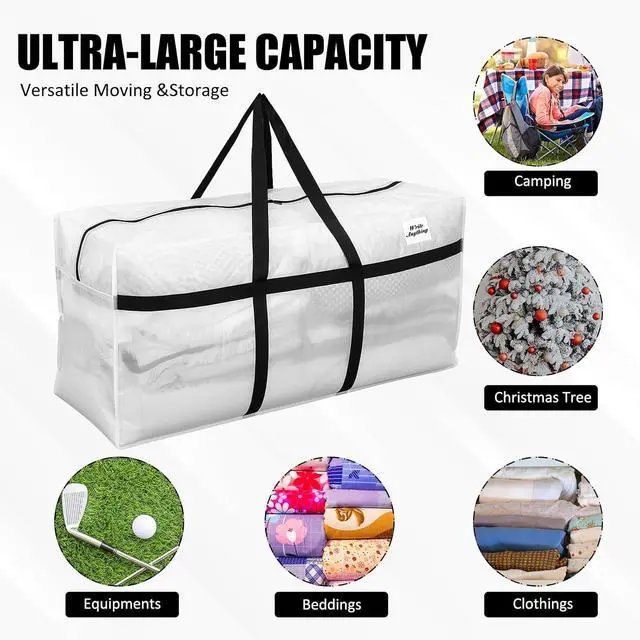 Alt view image 4 of 7 - 4 Pack 69 Gallon Extra Large Moving Bags XXL Heavy Duty Storage Bag | with Strong Zipper Handle Jumbo Big Tote Box Foldable for College Dorm Travel Clothes Duffle Blanket Pillow(Transparent)
