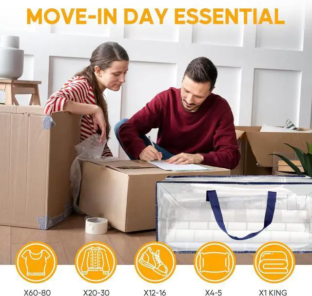Alt view image 6 of 7 - 10 Pack Extra Large Moving Bags with Zippers & Carrying Handles, Heavy-Duty Storage Tote Moving Boxes for Dorm Room Essentials Storage Bags, Clear