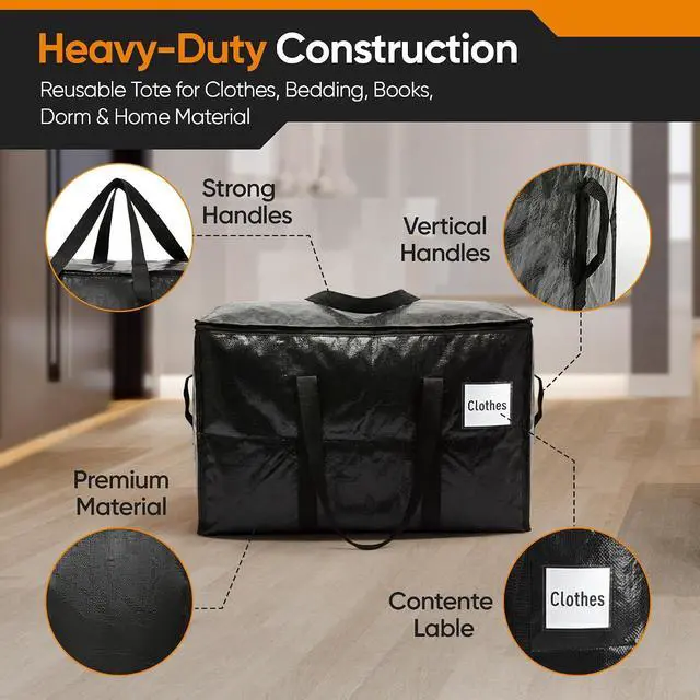 Alt view image 4 of 7 - 10 Pack Large Moving Bags, 30-Gal Heavy-Duty Storage Totes | Dual Zippers, Water-Resistant Reusable Bags for Clothes, Bedding, Books, 66 lb Capacity