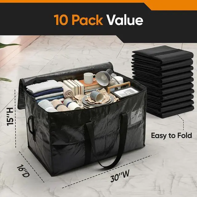 Alt view image 3 of 7 - 10 Pack Large Moving Bags, 30-Gal Heavy-Duty Storage Totes | Dual Zippers, Water-Resistant Reusable Bags for Clothes, Bedding, Books, 66 lb Capacity