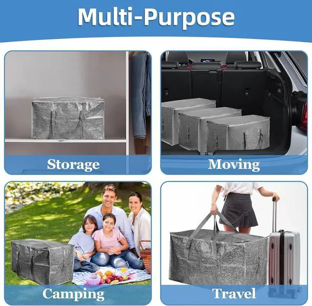 Alt view image 7 of 7 - 8 Pack-Extra Large Heavy Duty Moving Bags - Waterproof Storage Totes with Handles & Zippers, Foldable for College Dorm, Storage (Gray)