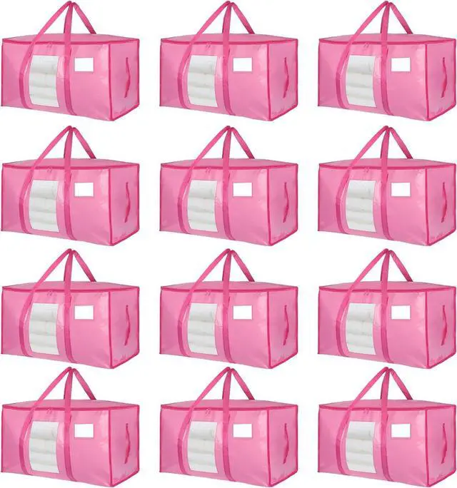 Main image of 12 Pack Extra Large Moving Bags Heavy Duty 180GSM,130LBS 100L Totes with Visible Window, Zippers & Wrap-Around Handles, Waterproof Reusable, Alt to Moving Boxes, Pink