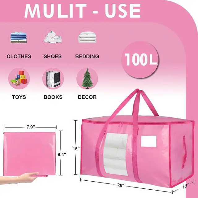 Alt view image 2 of 7 - 12 Pack Extra Large Moving Bags Heavy Duty 180GSM,130LBS 100L Totes with Visible Window, Zippers & Wrap-Around Handles, Waterproof Reusable, Alt to Moving Boxes, Pink