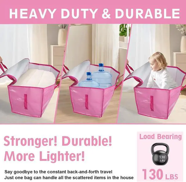 Alt view image 3 of 7 - 12 Pack Extra Large Moving Bags Heavy Duty 180GSM,130LBS 100L Totes with Visible Window, Zippers & Wrap-Around Handles, Waterproof Reusable, Alt to Moving Boxes, Pink