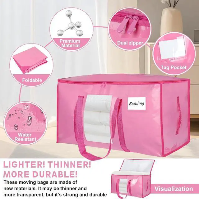 Alt view image 4 of 7 - 12 Pack Extra Large Moving Bags Heavy Duty 180GSM,130LBS 100L Totes with Visible Window, Zippers & Wrap-Around Handles, Waterproof Reusable, Alt to Moving Boxes, Pink