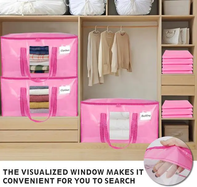 Alt view image 6 of 7 - 12 Pack Extra Large Moving Bags Heavy Duty 180GSM,130LBS 100L Totes with Visible Window, Zippers & Wrap-Around Handles, Waterproof Reusable, Alt to Moving Boxes, Pink