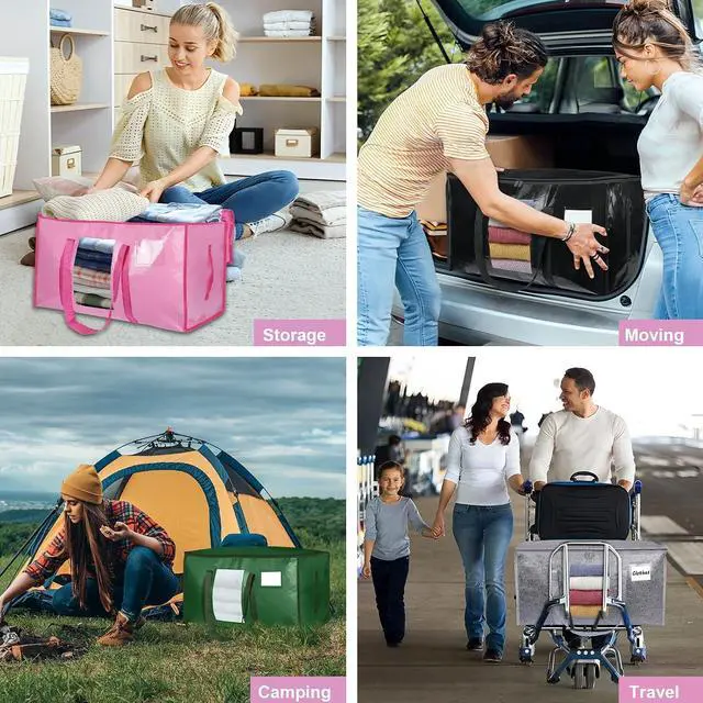 Alt view image 7 of 7 - 12 Pack Extra Large Moving Bags Heavy Duty 180GSM,130LBS 100L Totes with Visible Window, Zippers & Wrap-Around Handles, Waterproof Reusable, Alt to Moving Boxes, Pink