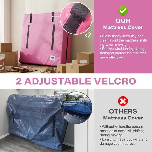 Alt view image 2 of 7 - Full Size,Mattress Bag for Moving,10 Mil Thick PE,Heavy Duty,Adhesive Strap | Mattress Moving Storage Bags for 15 Years,Reusable Protector Covers,8 Handles,Large Zipper, Waterproof,Dust Proof,Pink