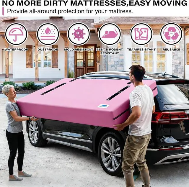 Alt view image 5 of 7 - Full Size,Mattress Bag for Moving,10 Mil Thick PE,Heavy Duty,Adhesive Strap | Mattress Moving Storage Bags for 15 Years,Reusable Protector Covers,8 Handles,Large Zipper, Waterproof,Dust Proof,Pink