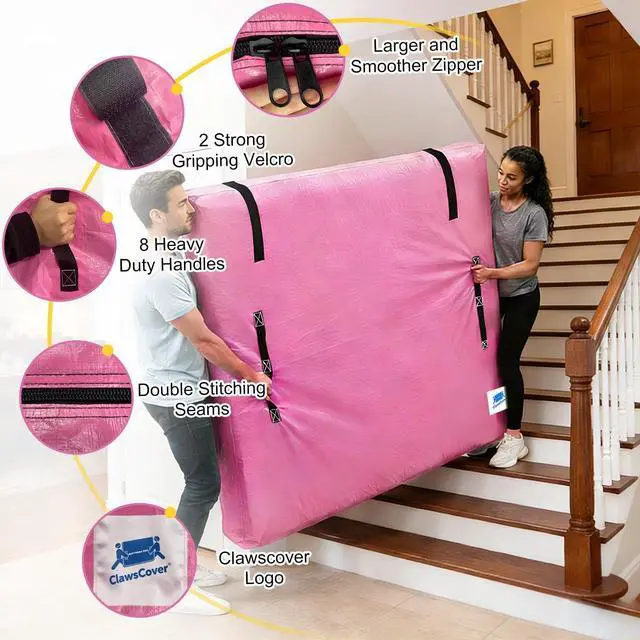 Alt view image 3 of 7 - Full Size,Mattress Bag for Moving,10 Mil Thick PE,Heavy Duty,Adhesive Strap | Mattress Moving Storage Bags for 15 Years,Reusable Protector Covers,8 Handles,Large Zipper, Waterproof,Dust Proof,Pink