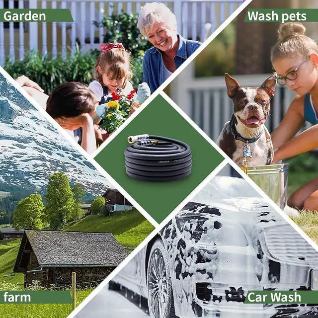 Alt view image 7 of 7 - Heavy Duty Premium Garden Hose 50ft x 5/8", 300PSI Working, 1000PSI Burst, Hybrid Rubber Water Hose with Transparent Swivel Handle - Hot/Cold Water - Five Layered Braiding with Brass fittings (Black)