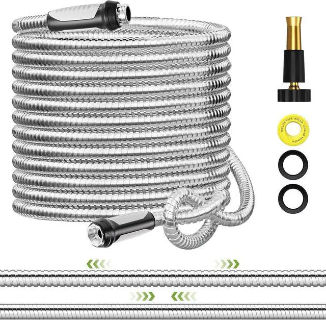 Main image of Expandable Metal Garden Water Hose 50 FT with Adjustable Nozzle | 1.5X Expandable, 304 Stainless Steel Heavy Duty, Flexible, Kink Free, Leak-Proof, Lightweight, for Reel Outdoor Yard Car Wash