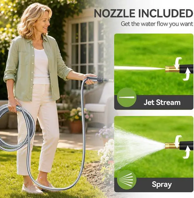 Alt view image 7 of 7 - Expandable Metal Garden Water Hose 50 FT with Adjustable Nozzle | 1.5X Expandable, 304 Stainless Steel Heavy Duty, Flexible, Kink Free, Leak-Proof, Lightweight, for Reel Outdoor Yard Car Wash