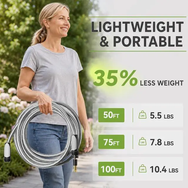 Alt view image 5 of 7 - Expandable Metal Garden Water Hose 50 FT with Adjustable Nozzle | 1.5X Expandable, 304 Stainless Steel Heavy Duty, Flexible, Kink Free, Leak-Proof, Lightweight, for Reel Outdoor Yard Car Wash