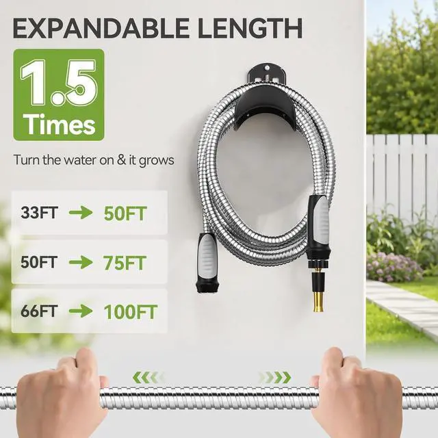 Alt view image 2 of 7 - Expandable Metal Garden Water Hose 50 FT with Adjustable Nozzle | 1.5X Expandable, 304 Stainless Steel Heavy Duty, Flexible, Kink Free, Leak-Proof, Lightweight, for Reel Outdoor Yard Car Wash