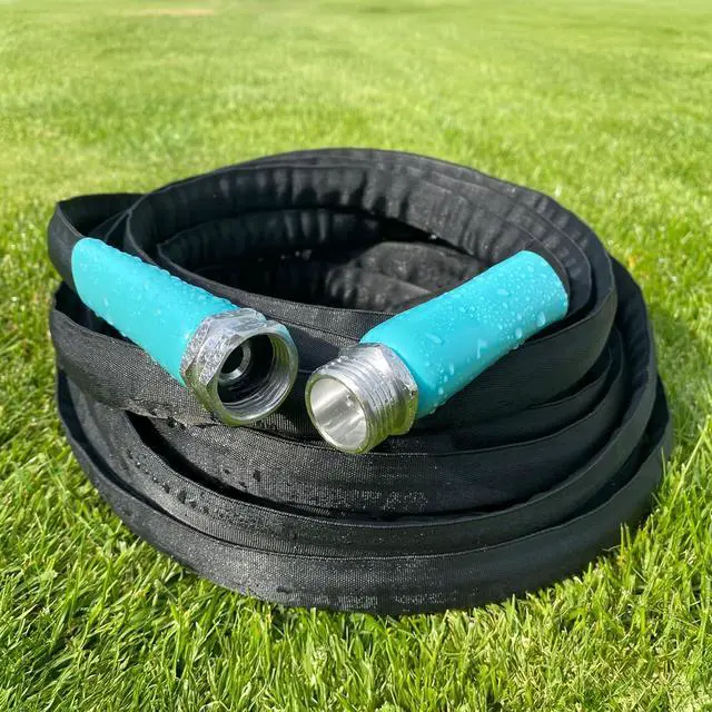 Alt view image 2 of 7 - Flat Garden Hose (50 foot x 5/8 inch) Lightweight, Durable Fiber Jacket, Flexible & Kink Free, Non-Expandable Water Hose, Easy Handling in All-Weather Conditions, 700009 by New England Garden Tools