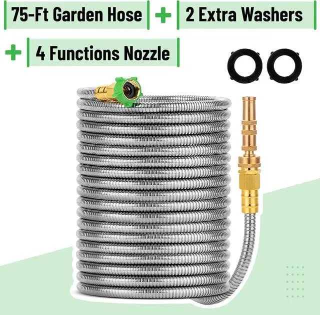 Alt view image 2 of 7 - - Stainless Steel Metal Hose with 4 Function Brass Nozzle, 75 ft, No Kink, Metal Garden Hose