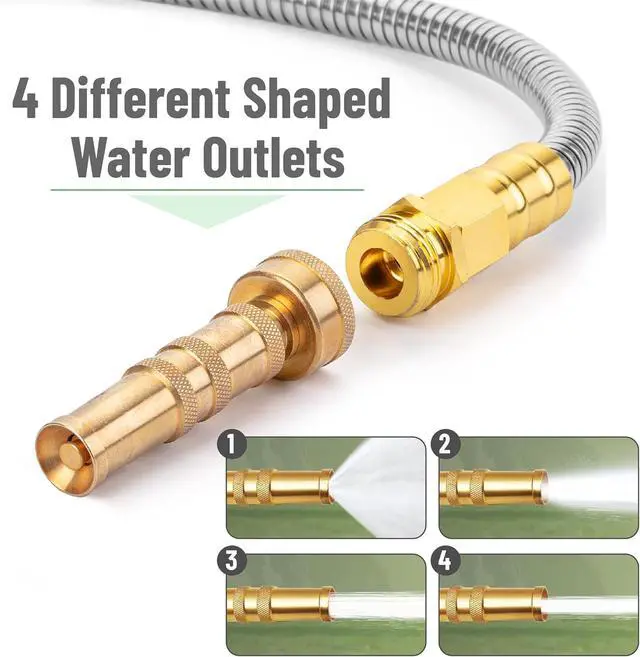 Alt view image 4 of 7 - - Stainless Steel Metal Hose with 4 Function Brass Nozzle, 75 ft, No Kink, Metal Garden Hose