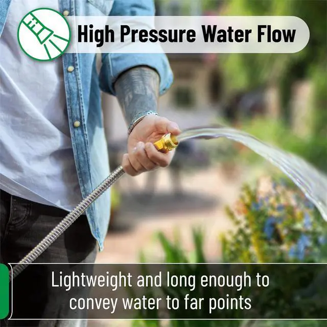 Alt view image 7 of 7 - - Stainless Steel Metal Hose with 4 Function Brass Nozzle, 75 ft, No Kink, Metal Garden Hose