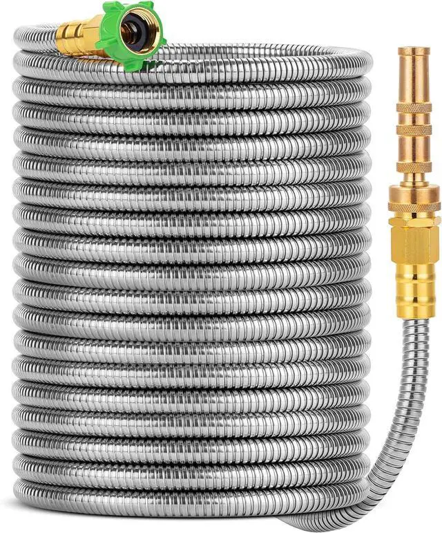 Main image of - Stainless Steel Metal Hose with 4 Function Brass Nozzle, 75 ft, No Kink, Metal Garden Hose