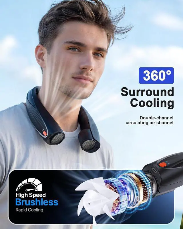 Alt view image 4 of 7 - Portable Neck Fan, Max 20H, Rechargeable Personal Fan with 6000mAh Battery, 360° Cooling, 6 Speeds Hands-Free Wearable Fan, Gifts for Men, Women, Travel, World Cup, Outdoor
