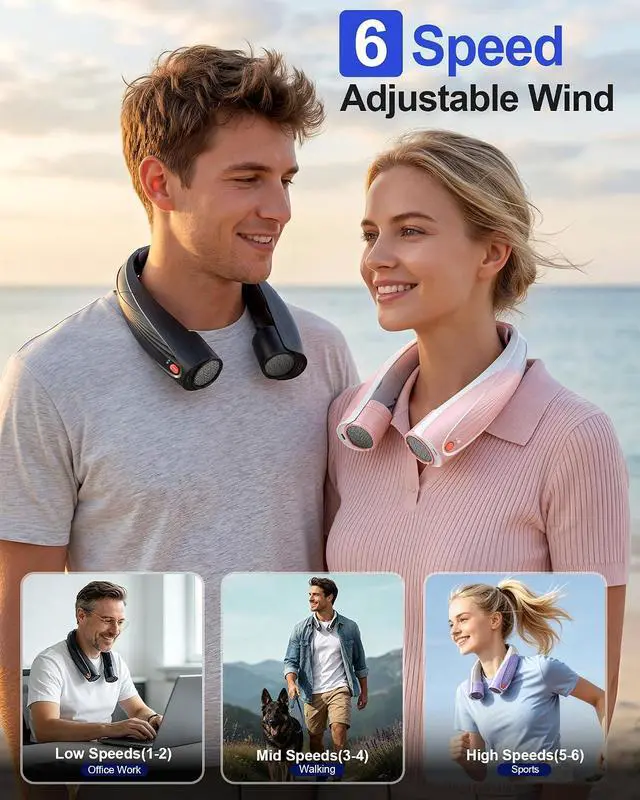 Alt view image 3 of 7 - Portable Neck Fan, Max 20H, Rechargeable Personal Fan with 6000mAh Battery, 360° Cooling, 6 Speeds Hands-Free Wearable Fan, Gifts for Men, Women, Travel, World Cup, Outdoor