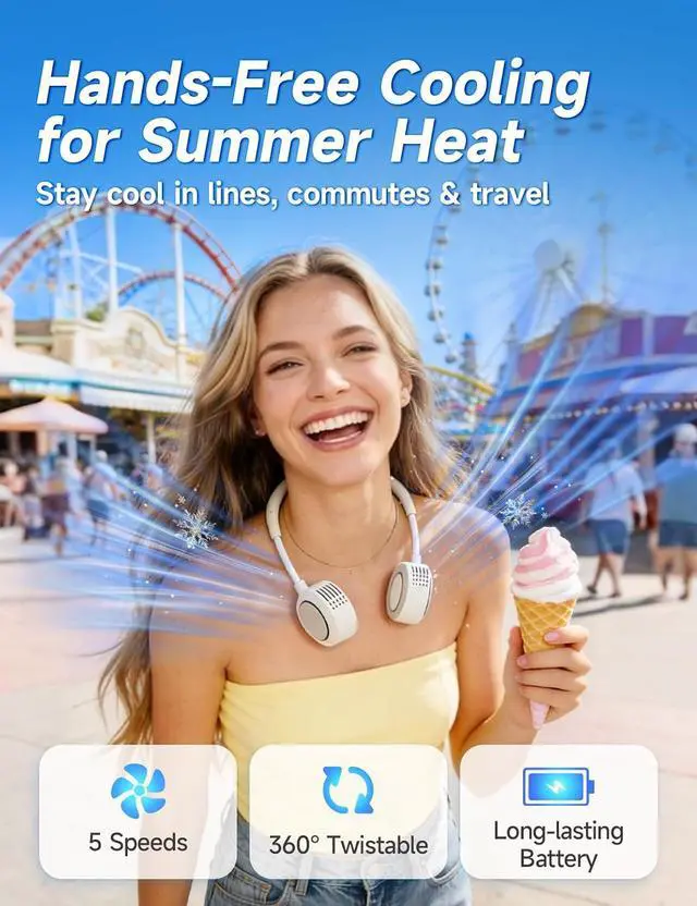 Alt view image 2 of 7 - Neck Fan, Portable Flexible Neck Fan That Blows Cool Air | Flexible Band, Lightweight Rechargeable; Hands-free Wearable 5 Speeds Fan for Travel, Outdoor, Commute, Hot Flashes