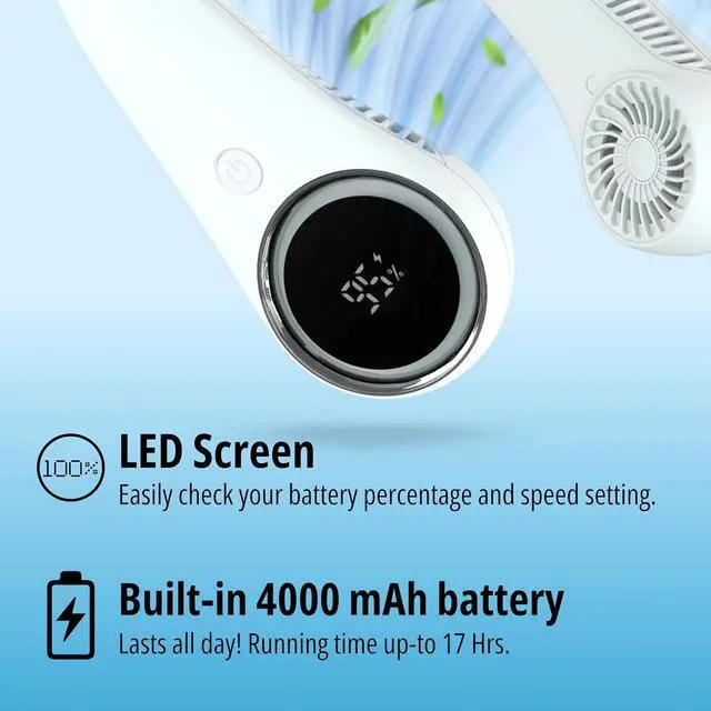 Alt view image 3 of 7 - Portable Neck Fan Hands Free Quiet 20dB Cooling Neck Fan, 17-Hour 4000mAh Battery, 3 Speeds, Wearable Fan for Neck Fans that Blow Cold Air, Personal Fans Portable Rechargeable (White)