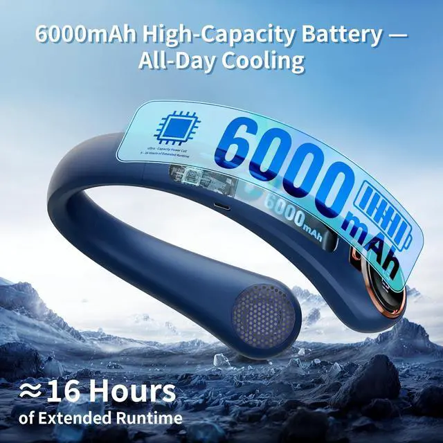 Alt view image 3 of 7 - Portable Neck Fan, 6000mAh Rechargeable Fan Blows Cold Air with LED Display, 4 Speeds, 20H Runtime, Quiet Wearable 360° Personal Cooling Fan for Outdoor Travel Work Gym,Fireplace Fans-Blue