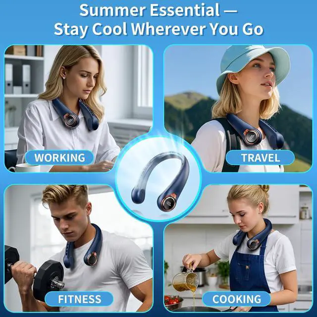 Alt view image 7 of 7 - Portable Neck Fan, 6000mAh Rechargeable Fan Blows Cold Air with LED Display, 4 Speeds, 20H Runtime, Quiet Wearable 360° Personal Cooling Fan for Outdoor Travel Work Gym,Fireplace Fans-Blue