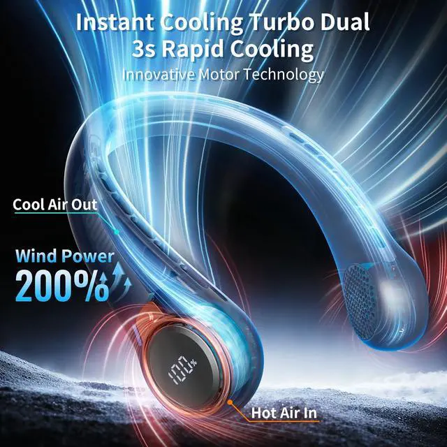 Alt view image 2 of 7 - Portable Neck Fan, 6000mAh Rechargeable Fan Blows Cold Air with LED Display, 4 Speeds, 20H Runtime, Quiet Wearable 360° Personal Cooling Fan for Outdoor Travel Work Gym,Fireplace Fans-Blue
