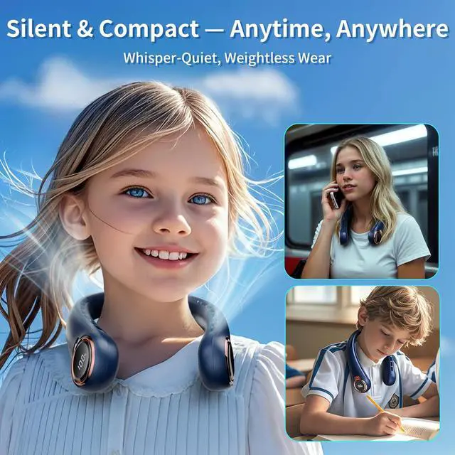 Alt view image 5 of 7 - Portable Neck Fan, 6000mAh Rechargeable Fan Blows Cold Air with LED Display, 4 Speeds, 20H Runtime, Quiet Wearable 360° Personal Cooling Fan for Outdoor Travel Work Gym,Fireplace Fans-Blue