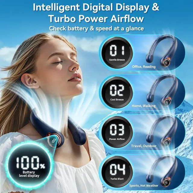 Alt view image 4 of 7 - Portable Neck Fan, 6000mAh Rechargeable Fan Blows Cold Air with LED Display, 4 Speeds, 20H Runtime, Quiet Wearable 360° Personal Cooling Fan for Outdoor Travel Work Gym,Fireplace Fans-Blue