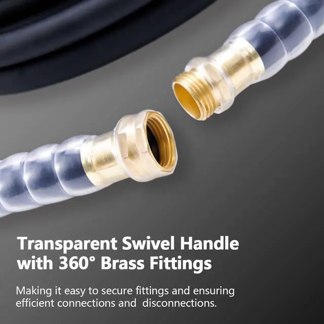Alt view image 3 of 7 - Heavy Duty Premium Garden Hose 50ft x 5/8", 300PSI Working, 1000PSI Burst, Hybrid Rubber Water Hose with Transparent Swivel Handle - Hot/Cold Water - Five Layered Braiding with Brass fittings (Black)