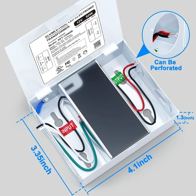 Alt view image 7 of 7 - 60W 12V Dimmable LED Driver with Removable Junction Box UL Listed Triac/ELV/MLV Transformer for LED & Halogen Lighting, Lutron & Leviton Dimmer Compatible, Indoor/Outdoor Use