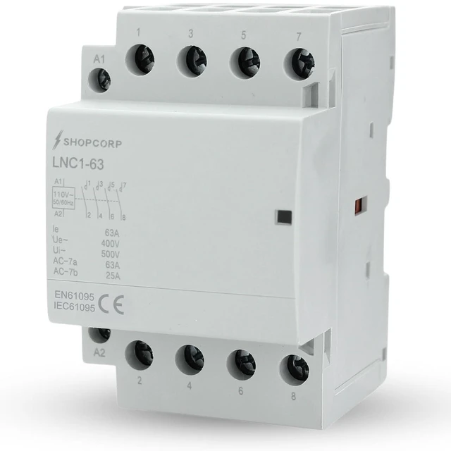 Main image of 63A 4-Pole AC Contactor, 120V Coil, Normally Open, DIN Rail Mount