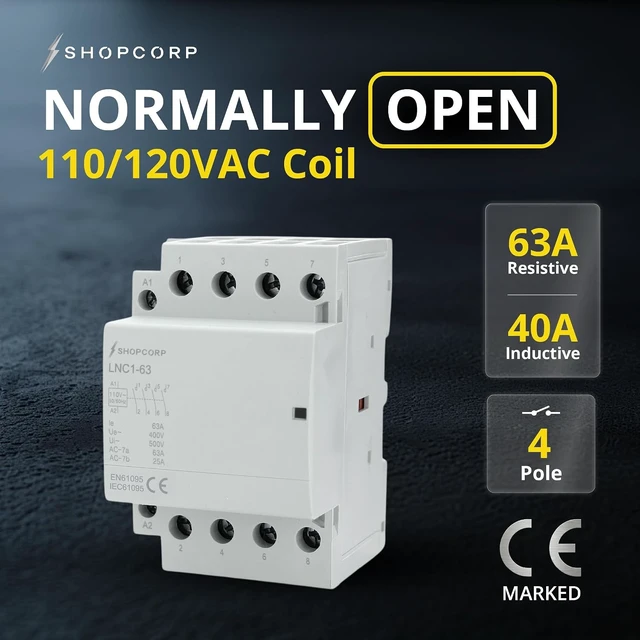 Alt view image 2 of 7 - 63A 4-Pole AC Contactor, 120V Coil, Normally Open, DIN Rail Mount