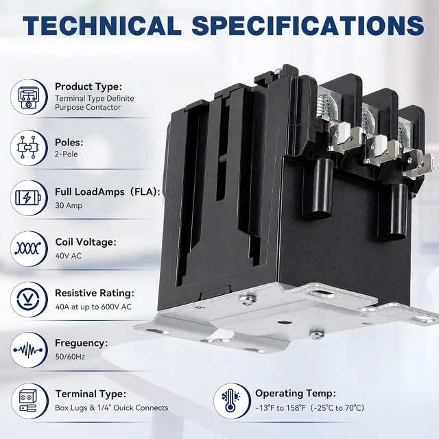 Alt view image 2 of 6 - 3-Pole 60 Amp Definite Purpose Contactor, 208/240VAC Coil, Air Conditioner Condenser Compressor Motor Magnetic Contactor, UL 60335 HVAC Compliant