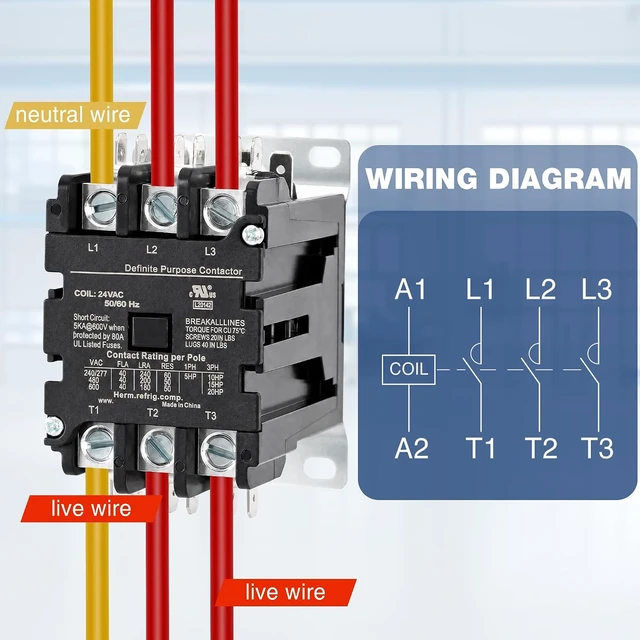 Alt view image 3 of 6 - 3-Pole 60 Amp Definite Purpose Contactor, 208/240VAC Coil, Air Conditioner Condenser Compressor Motor Magnetic Contactor, UL 60335 HVAC Compliant