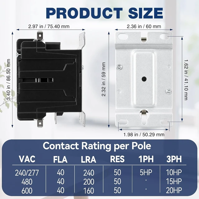 Alt view image 4 of 6 - 3-Pole 60 Amp Definite Purpose Contactor, 208/240VAC Coil, Air Conditioner Condenser Compressor Motor Magnetic Contactor, UL 60335 HVAC Compliant