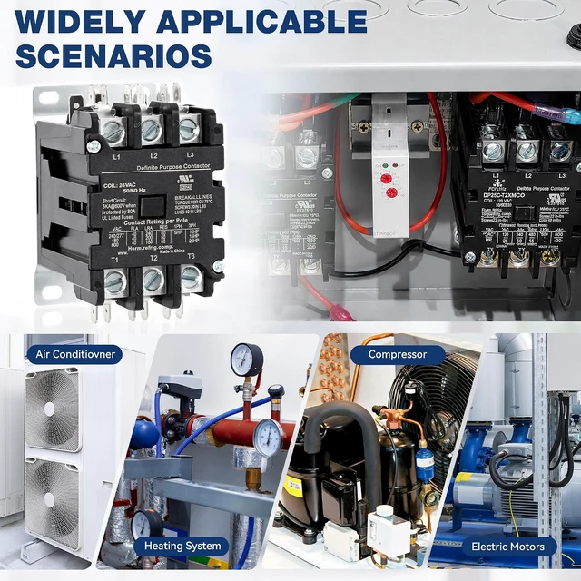 Alt view image 6 of 6 - 3-Pole 60 Amp Definite Purpose Contactor, 208/240VAC Coil, Air Conditioner Condenser Compressor Motor Magnetic Contactor, UL 60335 HVAC Compliant