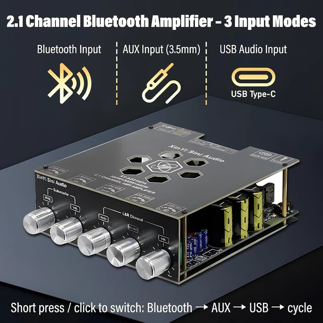 Alt view image 2 of 7 - S600X-W 2.1 Channel Bluetooth Amp Board Dual TPA3255 HiFi Class D, 300W×2 + 600W Subwoofer, DC 19-51V, BT 5.2, AUX & USB, for DIY Home Theater Passive Speakers