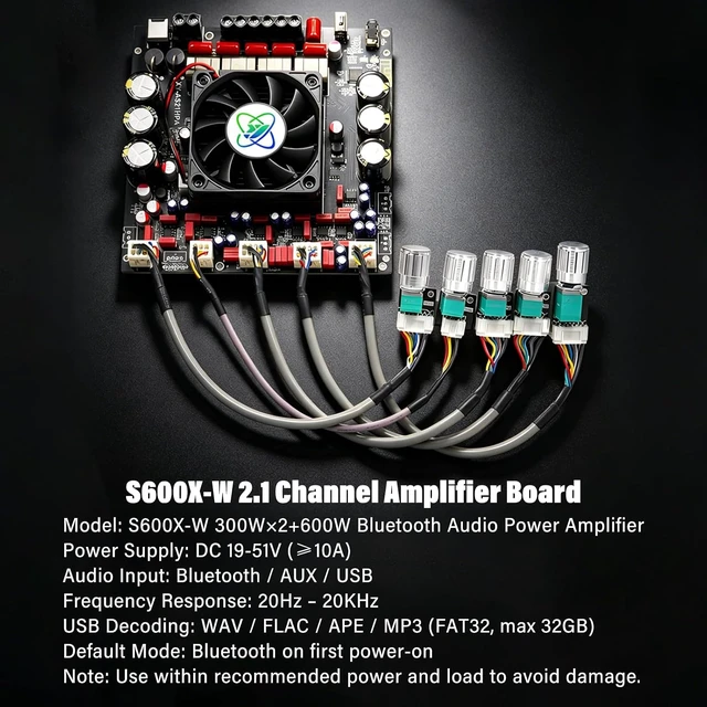 Alt view image 6 of 7 - S600X-W 2.1 Channel Bluetooth Amp Board Dual TPA3255 HiFi Class D, 300W×2 + 600W Subwoofer, DC 19-51V, BT 5.2, AUX & USB, for DIY Home Theater Passive Speakers