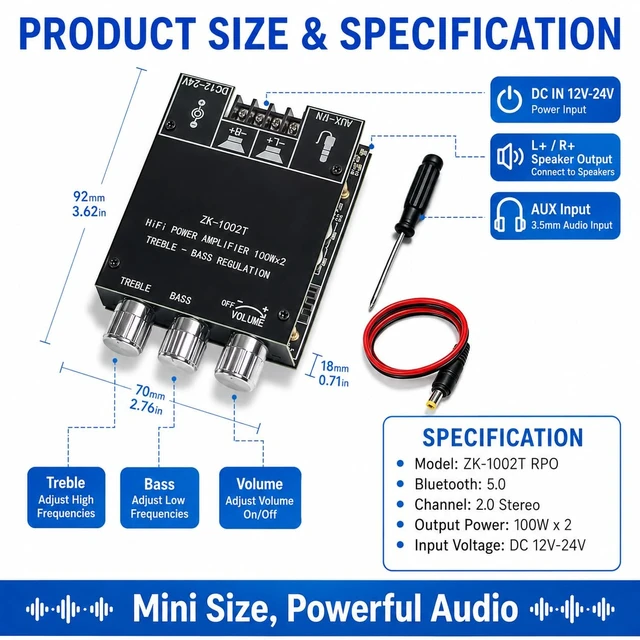 Alt view image 3 of 6 - ZK-1002T PRO 200W 2-Channel Bluetooth Amplifier Board (2-Pack)