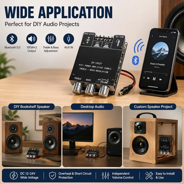 Alt view image 4 of 6 - ZK-1002T PRO 200W 2-Channel Bluetooth Amplifier Board (2-Pack)